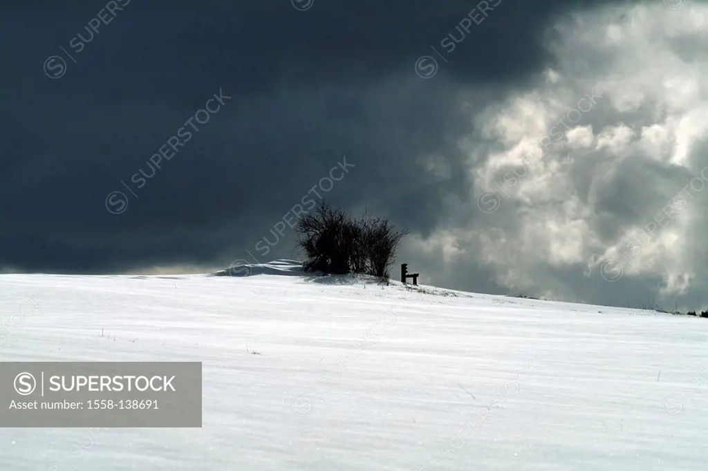 Winter-landscape, hills, bushes, bench, heaven, clouds, landscape, nature, low mountain range, season, winter, snow, snow-covered, Thuringian forest, ...