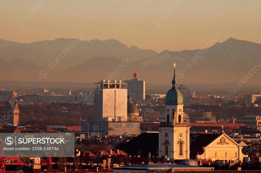 Germany, Bavaria, Munich, city-overview, mountains,