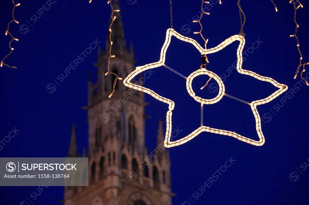 Germany, Bavaria, Munich, Christmas market, Sternenweg, new town hall, tower, evening, detail,