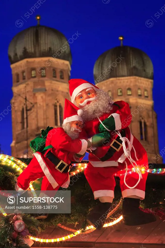 Germany, Bavaria, Munich, Christmas market, decoration, Frauenkirche, towers, detail, evening,