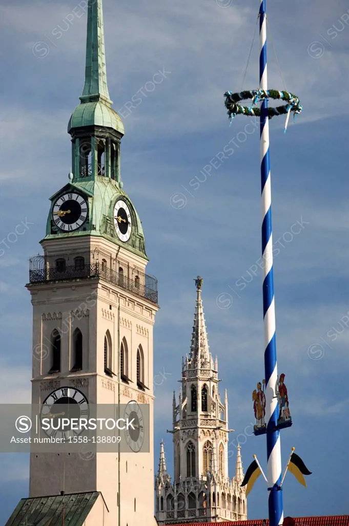 Germany, Bavaria, Munich, towers, church St  Peter, new town hall, maypole, detail,