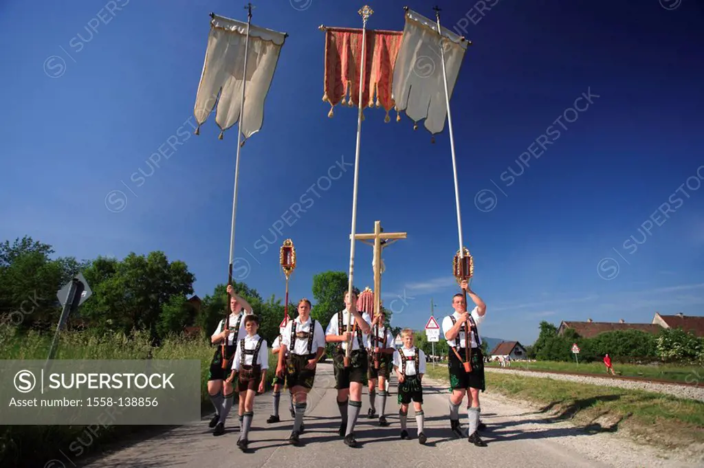 Germany, Bavaria, Benediktbeuern, Feast of Corpus Christi-procession, standard-bearers,