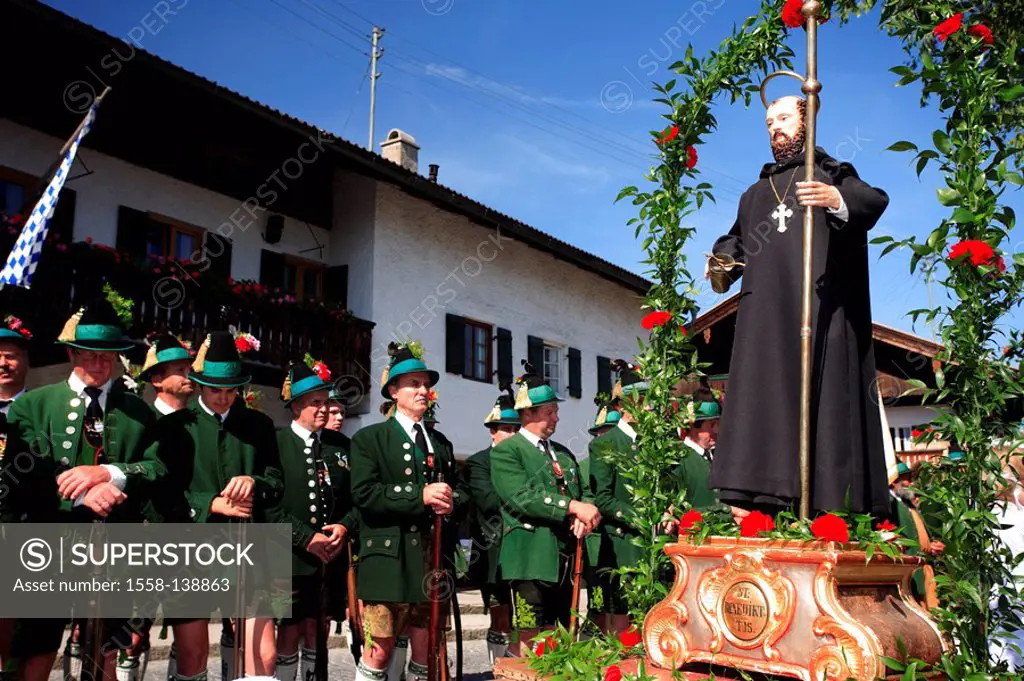 Germany, Bavaria, Benediktbeuern, Feast of Corpus Christi-procession, saint-figure, markspersons,