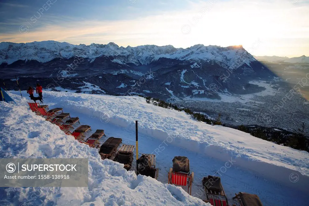 Germany, Bavaria, stagger, mountain-station, deck chairs, winter, mountain-panorama,