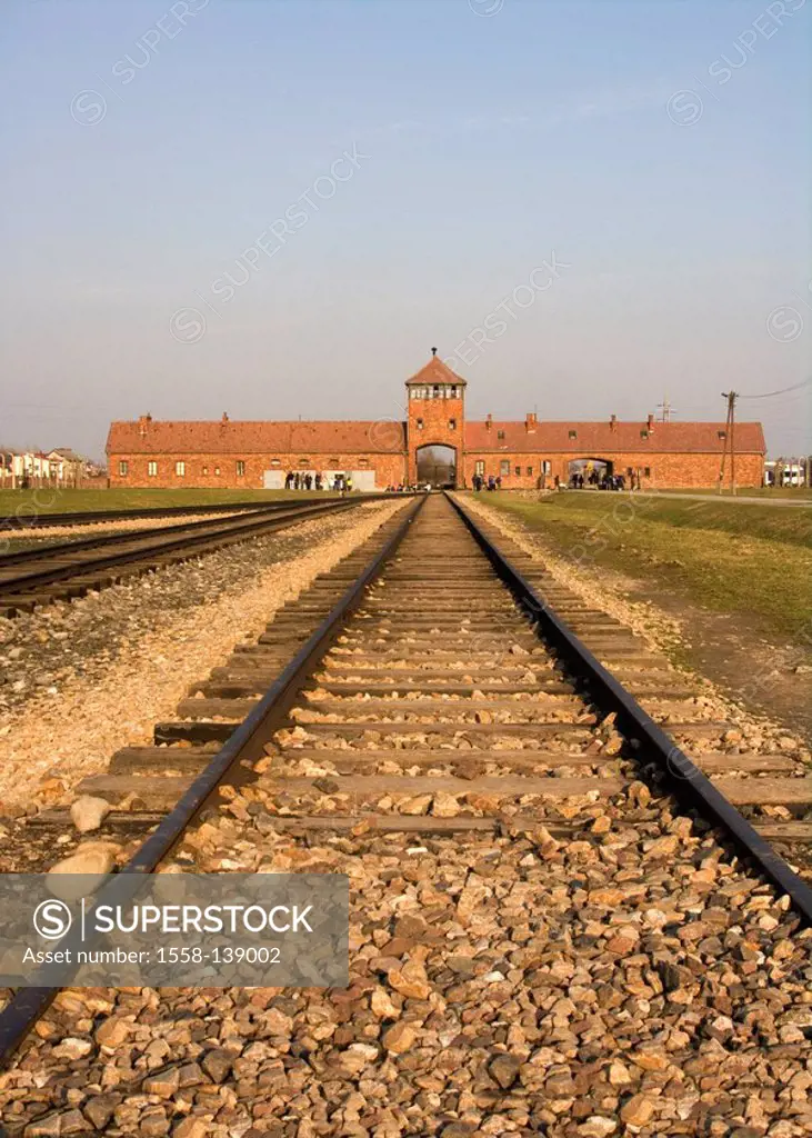 Poland, concentration-camps, Auschwitz-II, Auschwitz-Birkenau, extermination camps, KZ-Gelände, main-entrance, tracks, Oswiecim, Brzezinka, KZ, buildi...