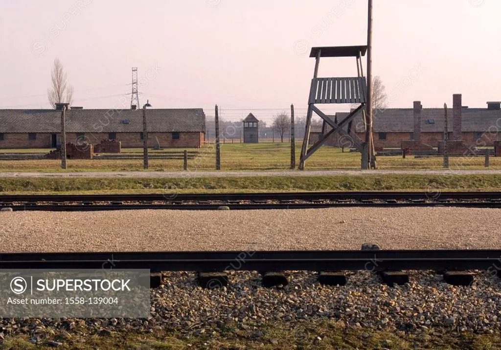 Poland, concentration-camps, Auschwitz-II, Auschwitz-Birkenau, extermination camps, KZ-Gelände, tracks, watchtowers, Oswiecim, Brzezinka, KZ, building...