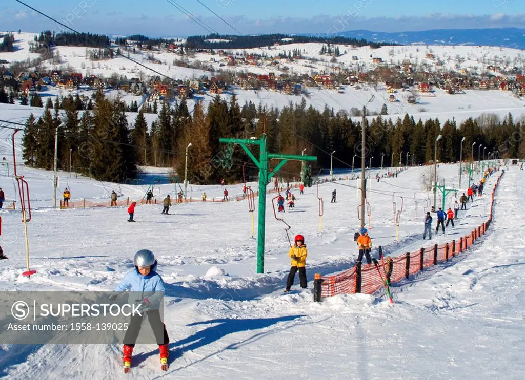 Poland, Bukowina Tatrzanska, plate-elevator, skiers, Karpatenvorland, ski-area, place, winter sports resort, place-overview, sport, winter-sport, skii...