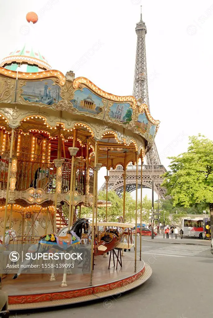 France, Paris, Eiffelturm, carousel, Europe, capital, sight, landmark, tower, steel-timbering-tower, tour Eiffel, height 320, 8 m, builds 1887-1889, c...