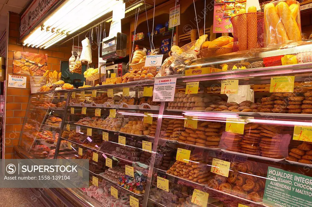 Spain, Madrid, bakery, display, forecastle-merchandise, pastries,