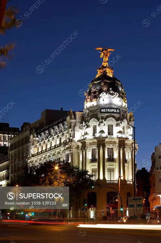 Spain, Madrid, grain via, Metropolis-Haus, twilight,