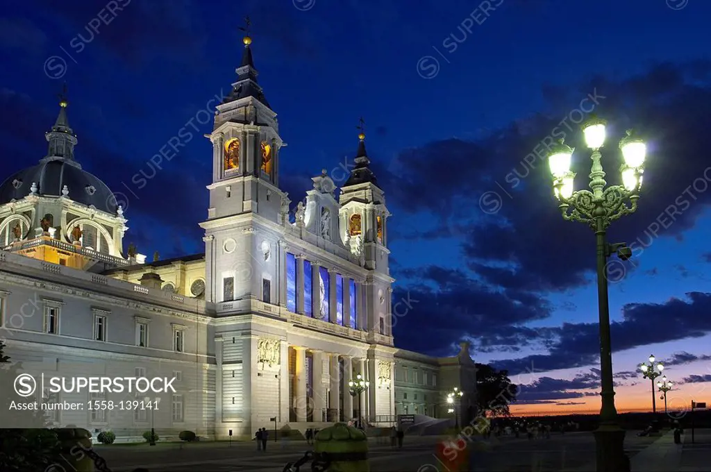 Spain, Madrid, cathedral Nuestra Senora de Almudena, twilight,