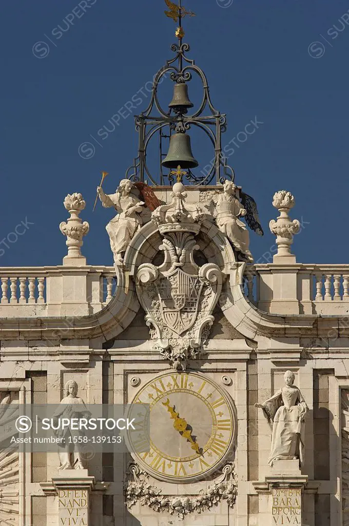 Spain, Madrid, king-palace, Palacio Real, South-side, clock, glockenspiel,