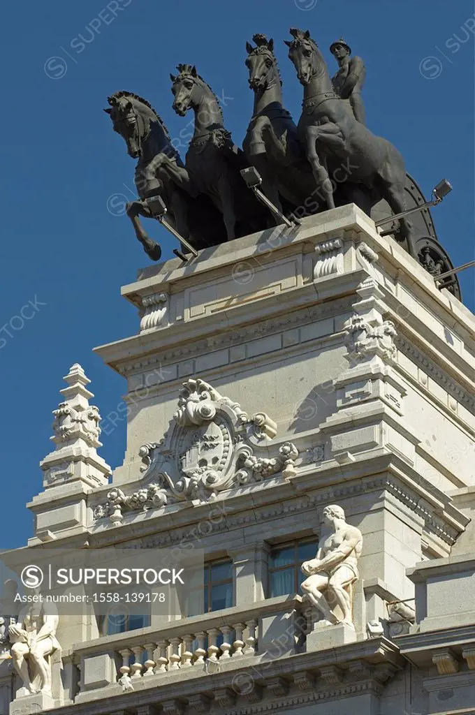 Spain, Madrid, national-bank, facade, roof, monument, chariots,