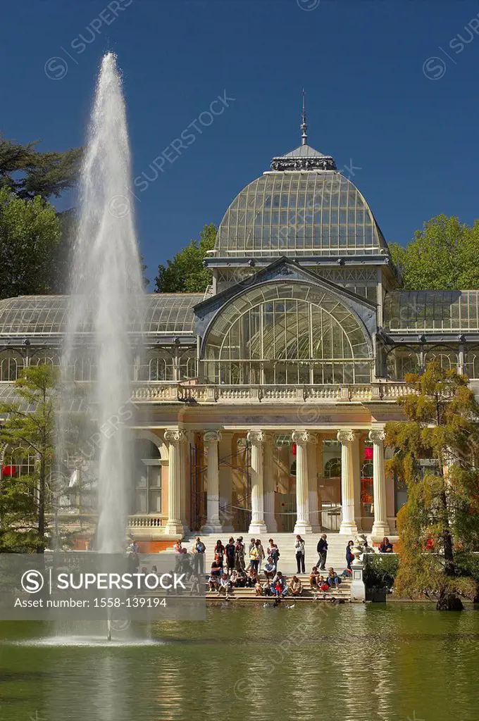 Spain, Madrid, city-park, Parque Del Retiro, crystal-palace, water-fountain,