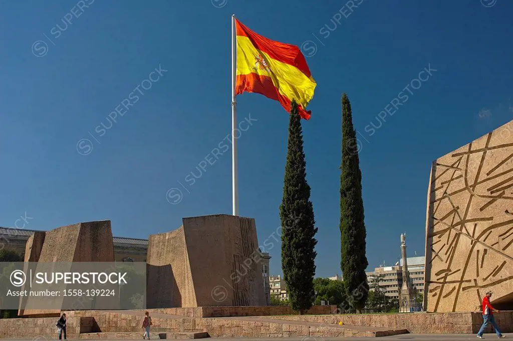 Spain, Madrid, Plaza de Colon, monuments, read Profecias, national-flags,