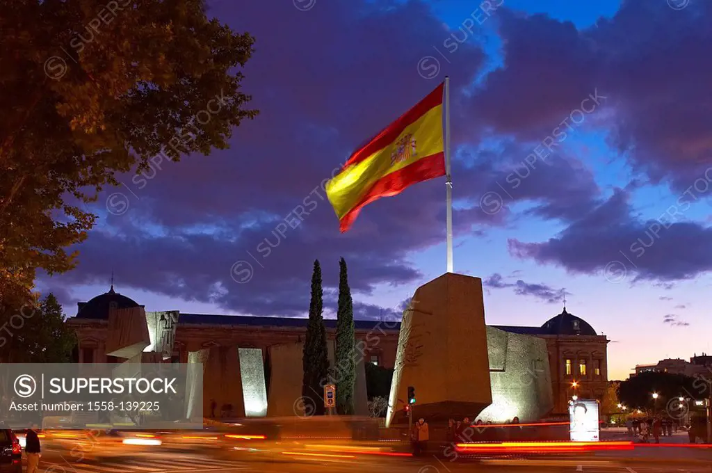 Spain, Madrid, Plaza de Colon, monuments, read Profecias, national-flags, evening,