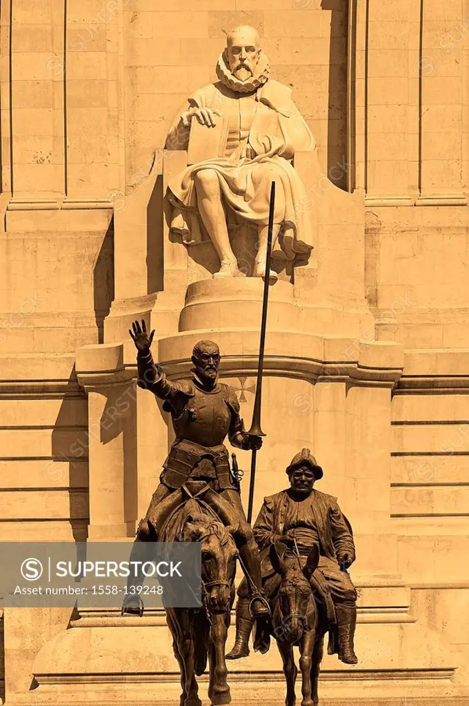 Spain, Madrid, Plaza de Espana, monument, Don Quijote, Sancho Panza, Miguel de Cervantes,