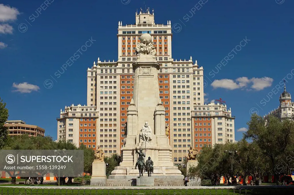 Spain, Madrid, Plaza de Espana, monument, Don Quijote, Sancho Panza, Miguel de Cervantes, Edificio Espana,