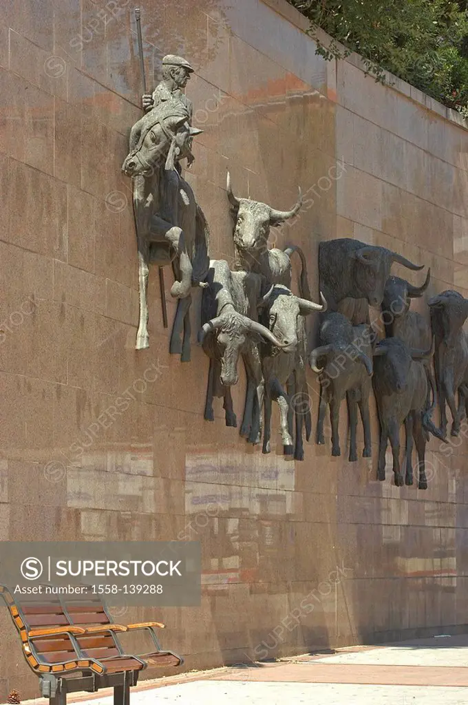 Spain, Madrid, Plaza de Toros, wall, sculptures, bulls, bullfight, bench,