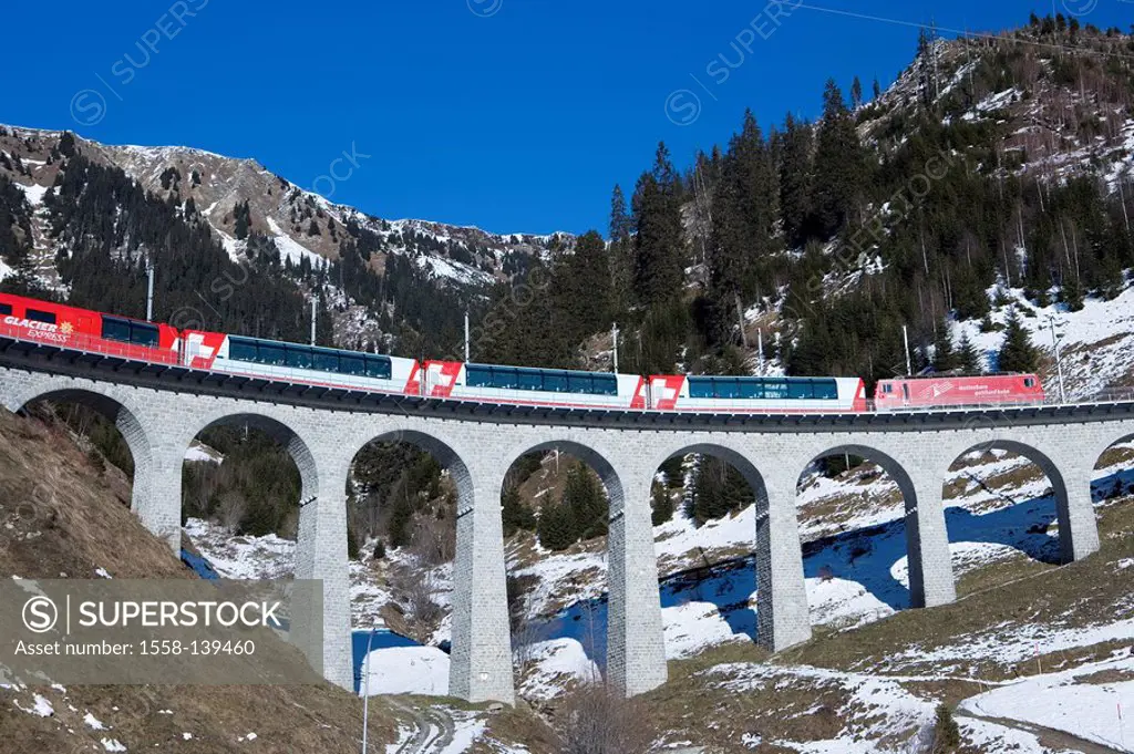 Glacier express, Sedrun, Graubünden, Oberalppass, viaduct, Switzerland,