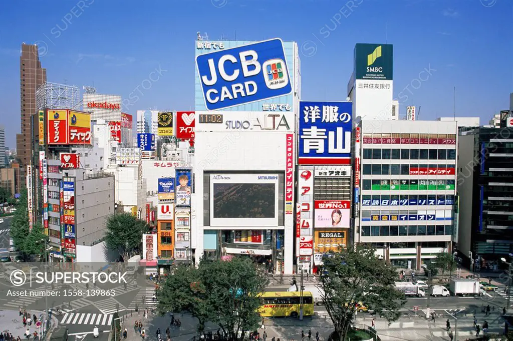 Japan, Tokyo, Shinjuku, Shinjuku Dori, high-rises, neon signs, street-scene, cars, pedestrians, Asia, Eastern Asia, Honshu, city, city, metropolis, ho...