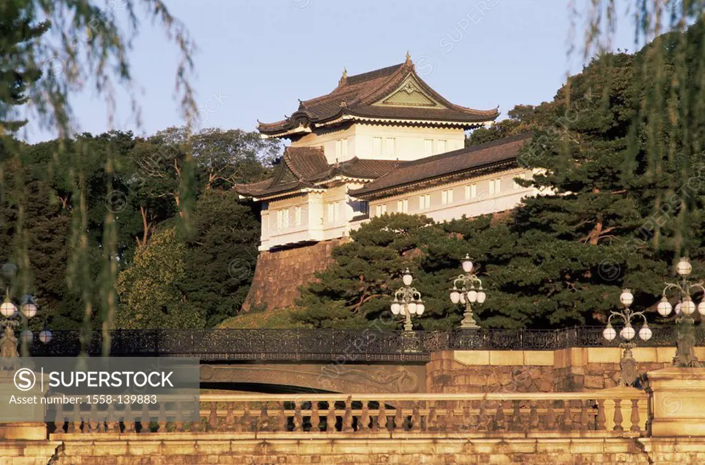 Japan, Tokyo, emperor-palace, Nijubashi bridge, detail, dusk, Eastern Asia, Honshu, landscape, palace-installation, palace, buildings, temples, river,...