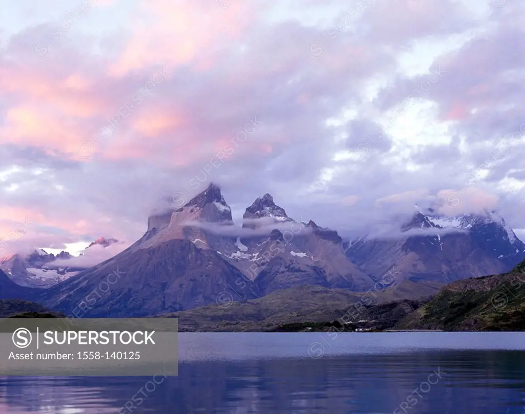 Chile, Patagonia, Torres Del Paine national-park, brine Pehoe mountains, South America, clouds Latin America, destination sight nature landscape UNESC...