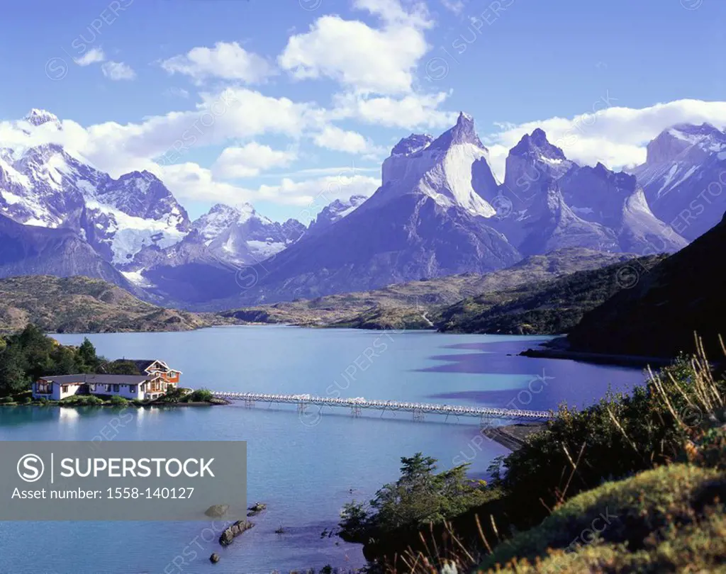 Chile, Patagonia, Torres Del Paine national-park, brine Pehoe house bridge South America Latin America, destination, sight, nature, landscape, UNESCO-...