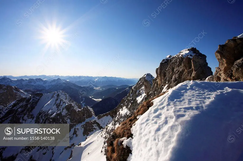 Alps, Karwendel, panorama, sun, back light, Austria, Tyrol, Germany, Upper Bavaria, borderland, mountains, mountains, northern ease top, rocks, winter...
