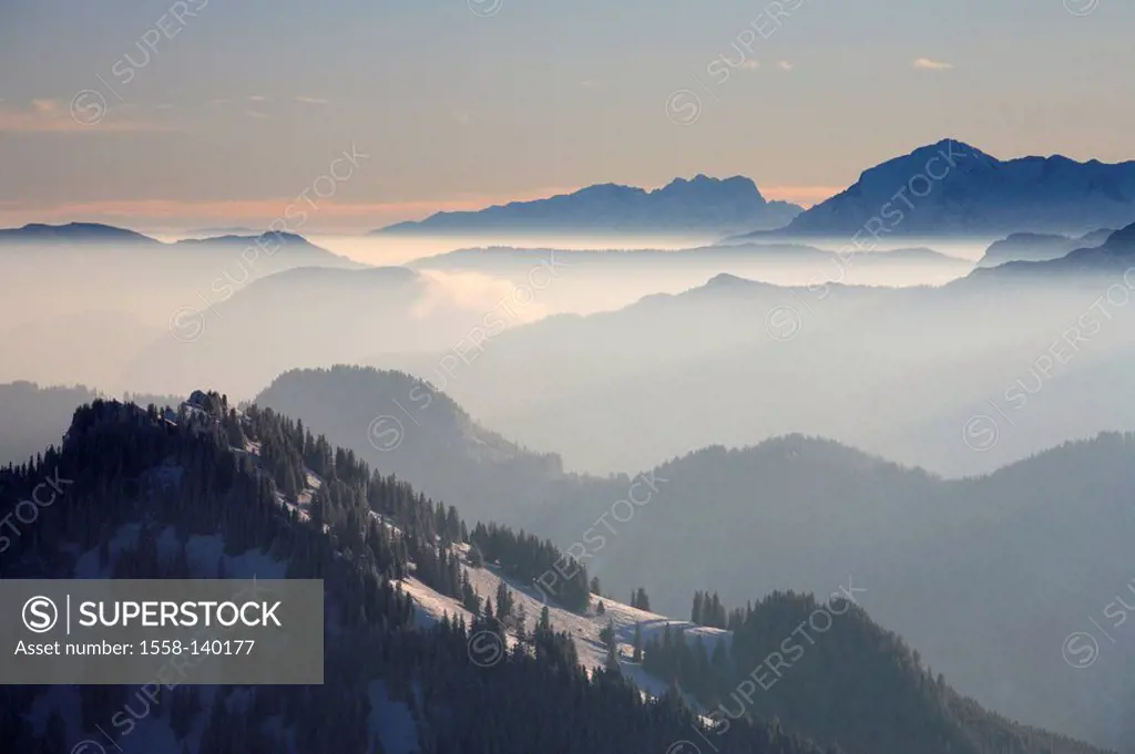 Germany, Bavaria, Chiemgauer Alps, Hochgern, view, high Dachstein, Hoher Göll, fog, Upper Bavaria, Chiemgau, landscape, season, winter, snow, distance...