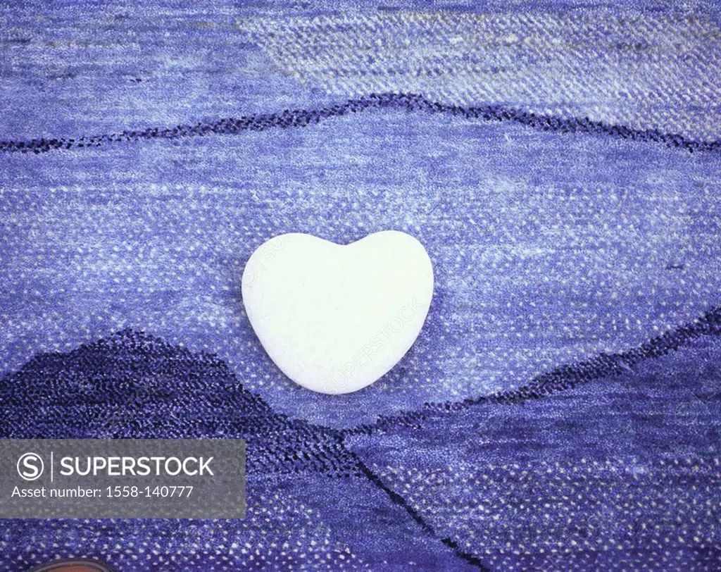 Carpet, blue, stone, white, heart-shaped, top view, textiles, runners, mats, pebble, shingle, limestone, symbol, concept, love, purity, naturalness, c...
