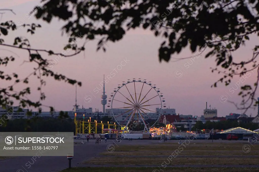 Germany, Upper Bavaria, Munich, spring-party, Ferris wheel, twilight, Bavaria, city view, Olympiaturm, television-tower, fairground, festival, driving...