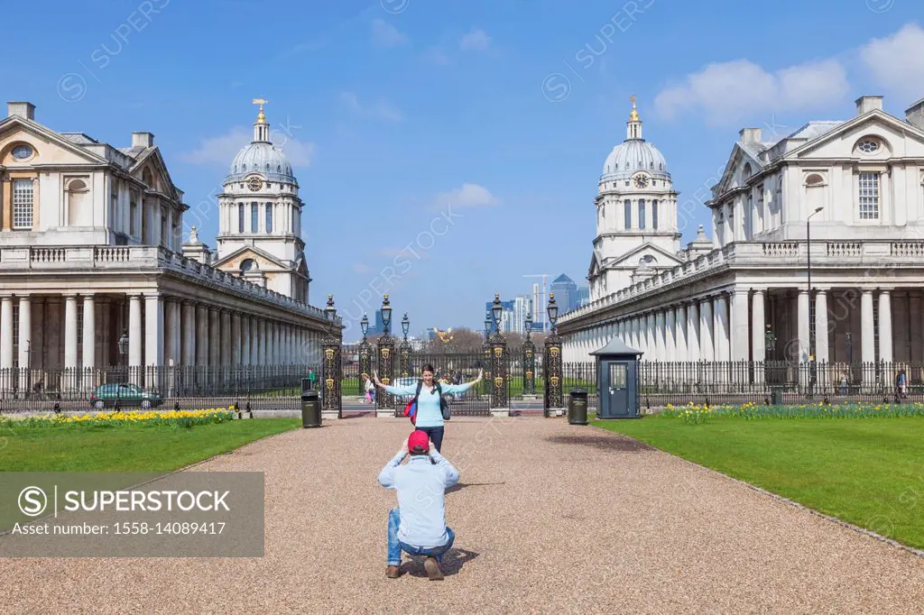 England, London, Greenwich, Couple Posing in front of The Old Royal Naval College