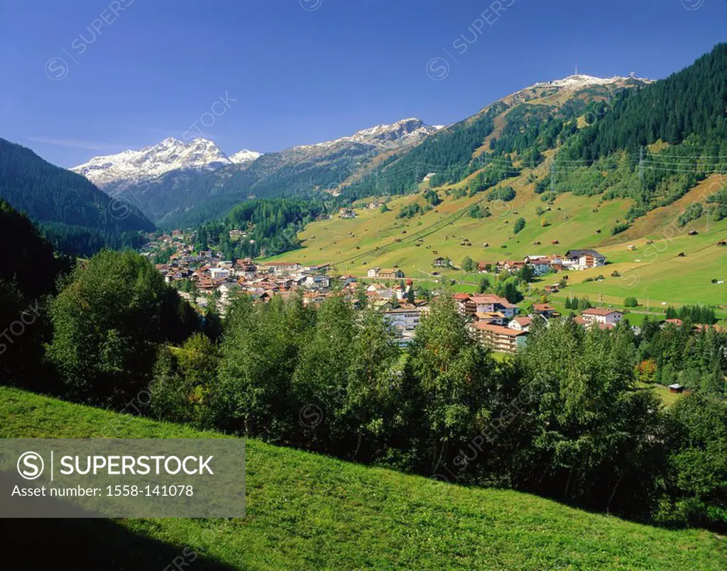 Austria, Tyrol, St  Anton am Arlberg, locality perspective, summer, mountain scenery, mountains, tourist resort, houses, residences, church, parish-ch...