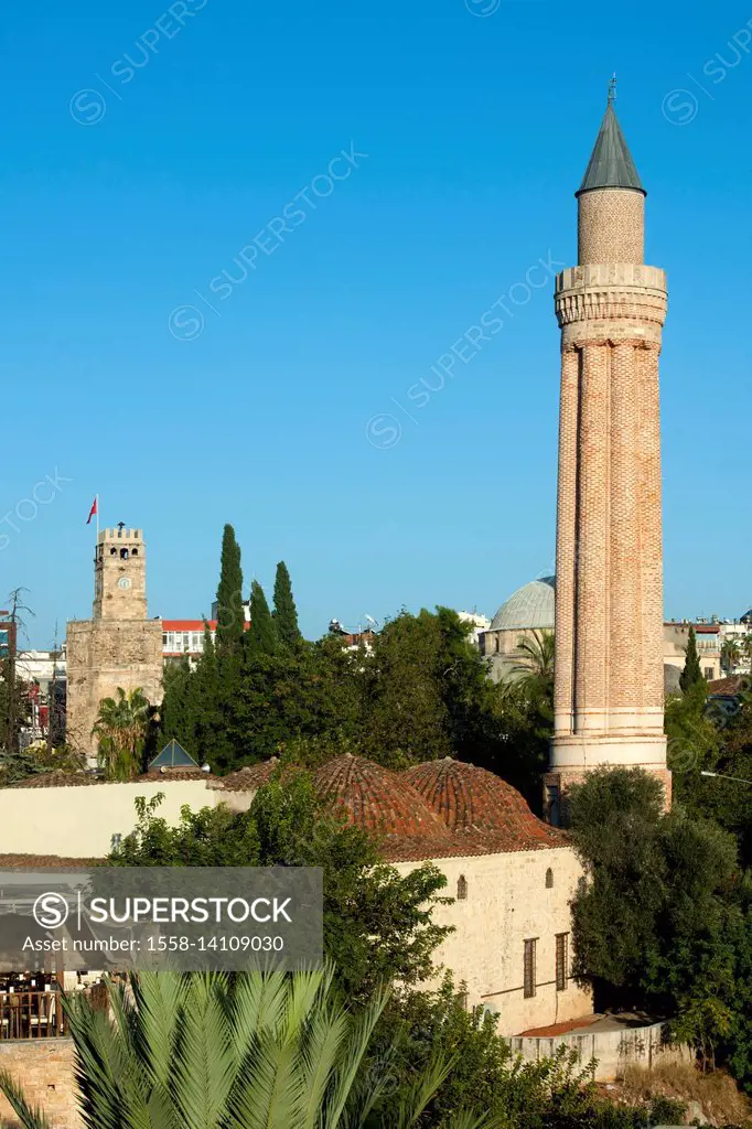 Turkey, Antalya, Alaaddin mosque close the Yivli Minare, on the left the clock tower