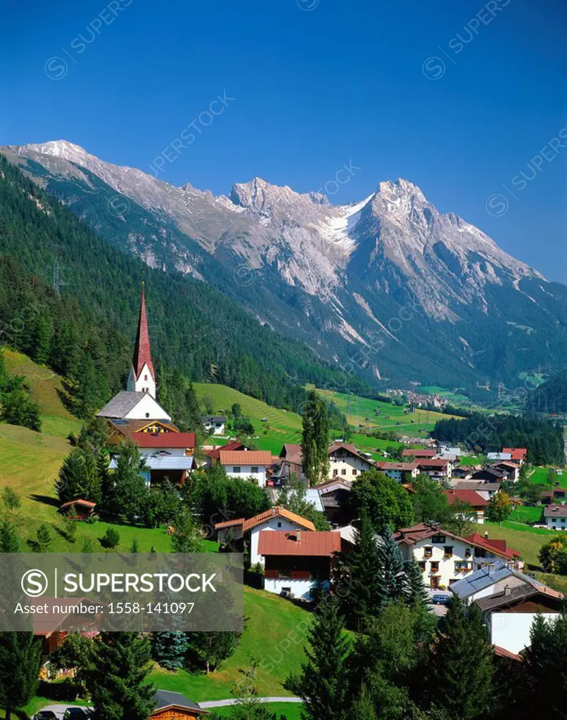 Austria, Tyrol, St  Anton am Arlberg, Ortsteil St  Jakob locality perspective mountain scenery, mountains, tourist resort, houses, church, parish-chur...