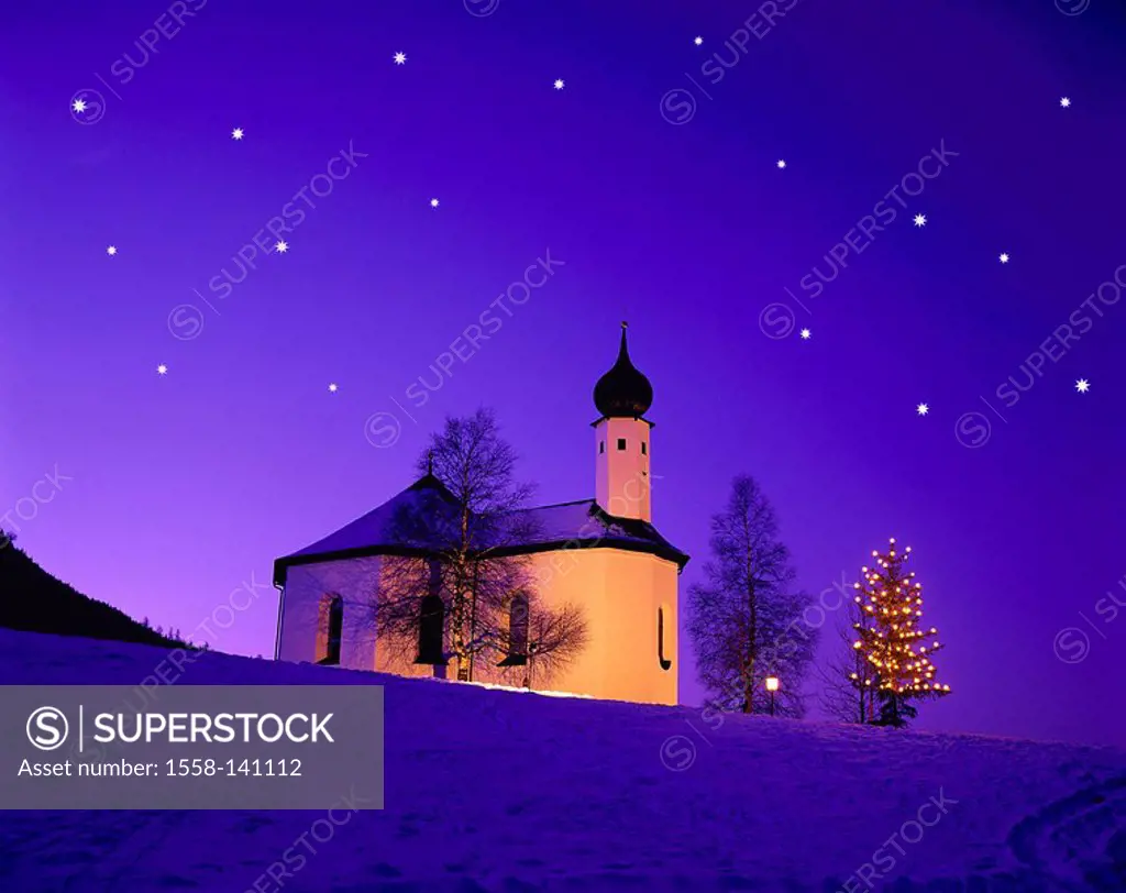Austria, Tyrol, Achenkirch, rise, St  Anna Kapelle, illumination, Christmas-tree, night, M, North-Tyrol, winter-landscape, church, construction, sight...