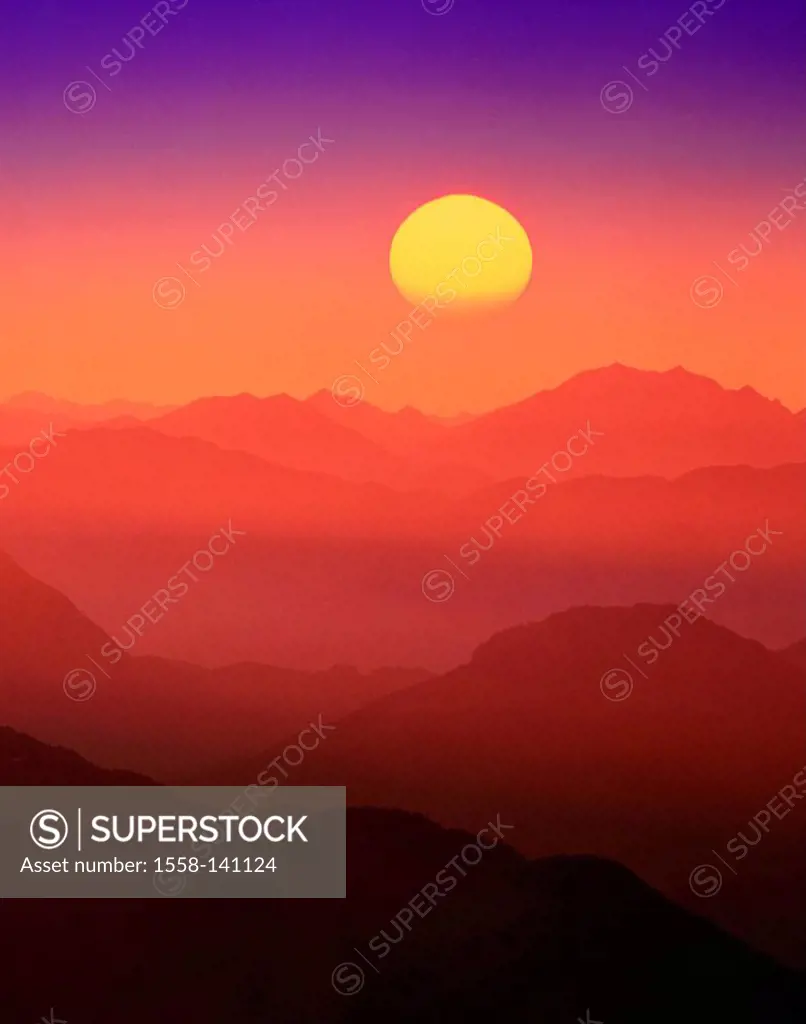 Silhouette, mountain scenery, sunset, M, mountains, mountain-chain, mountains, evening-sun, dusk, evening-mood, sun, silence, silence, romanticism, id...