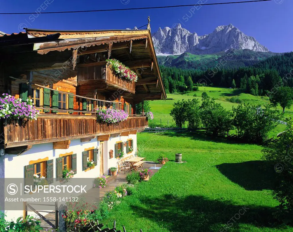 Austria, Tyrol, Going, Wagnerhof, gaze Ackerlspitze, summer, mountains, mountain scenery, mountain-farm, farmhouse, farm, rural, idyll, Kaiser-mountai...