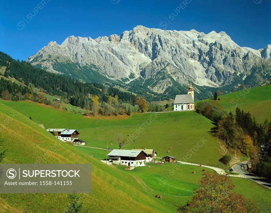 Austria, Pongau, Dieten am Hochkönig, locality perspective, mountain scenery, mountains, mountain-village, houses, farmhouses, church, parish-church, ...