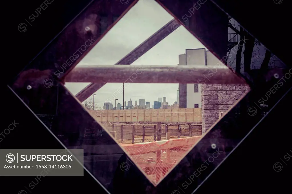 Construction site window with New York Skyline in Williamsburg, City Planning, Brooklyn, USA