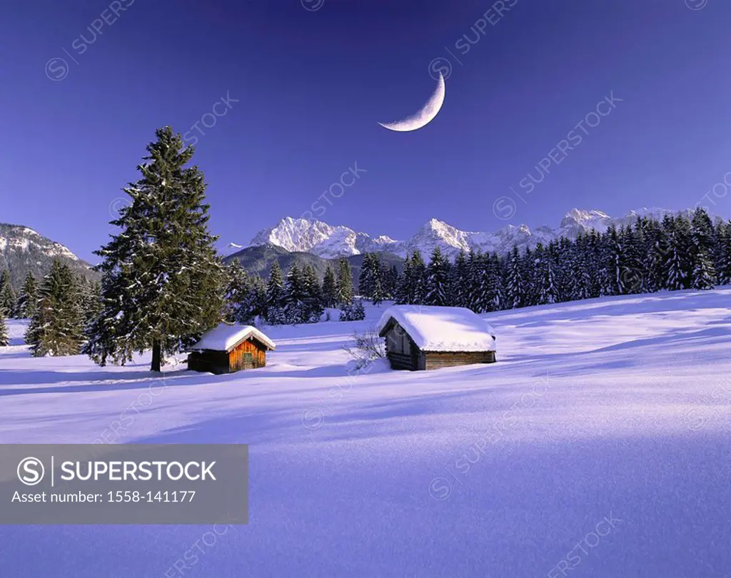 Germany, Bavaria, middle-forest, winter-landscape, gaze, Karwendel, moon-sickle, M, Upper Bavaria, Werdenfels, landscape, snow-covered, snow, snowed i...