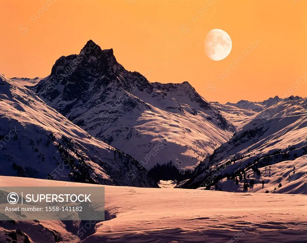 Austria, Tyrol, St  Anton am Arlberg, Verwallgruppe, Patteriol, evening-mood, moon, M, mountain scenery, mountains, mountain-region, high mountain reg...