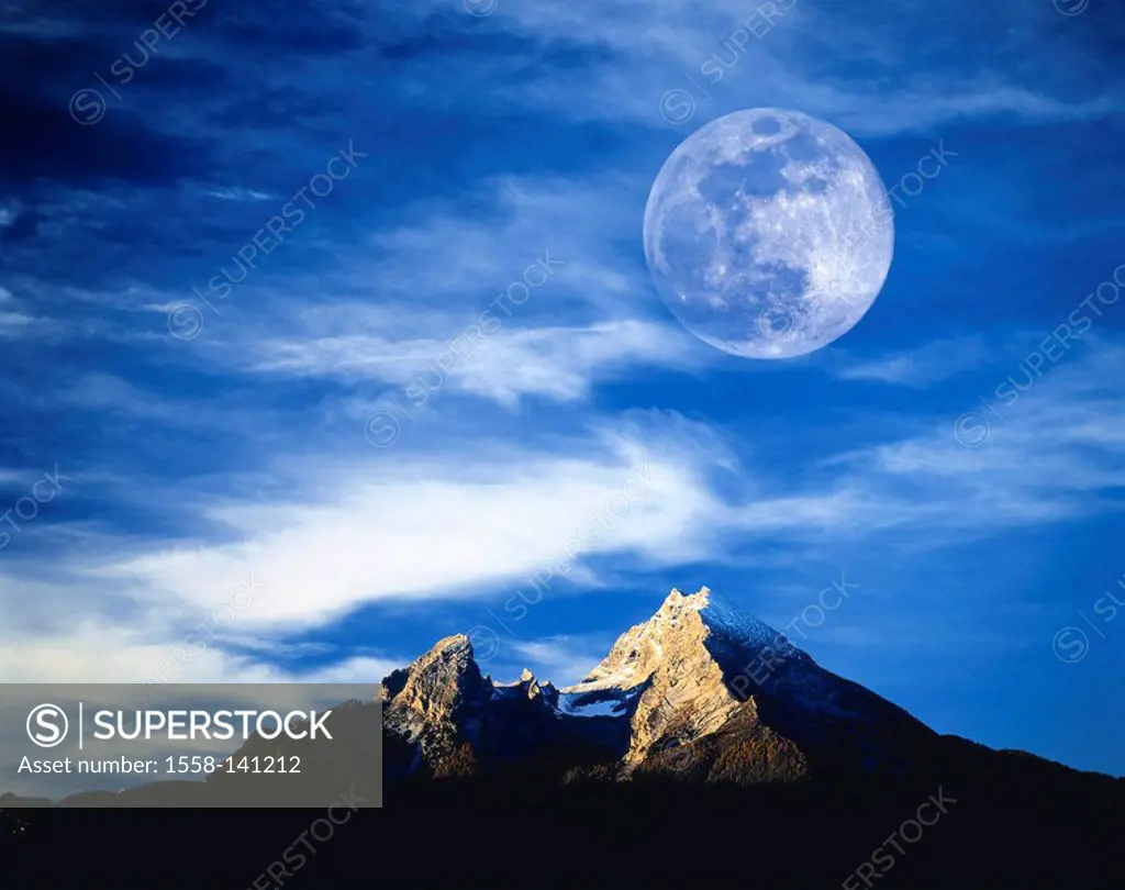 Germany, Bavaria, Berchtesgadener land, Watzmann, full moon, cloud-mood, M, Berchtesgaden, mountains, mountain, summit, snow-fragments, snow, moon, se...