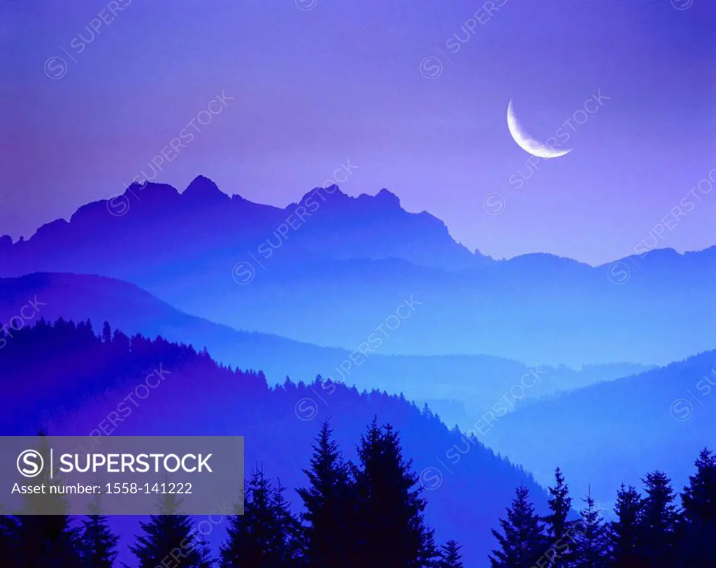 Silhouette, mountain-chain, twilight, moon-sickle, mountains, mountains, fog, mist, moon, sickle, silence, silence, mood, moon-phase, BT, Tyrol,