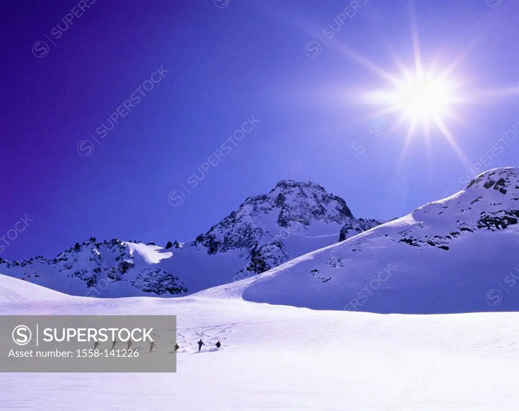 Austria, Tyrol, St  Anton am Arlberg, Verwallgruppe, moss-valley, low-snow-drivers, back light, mountain scenery, mountains, mountainside, low-snow-hi...
