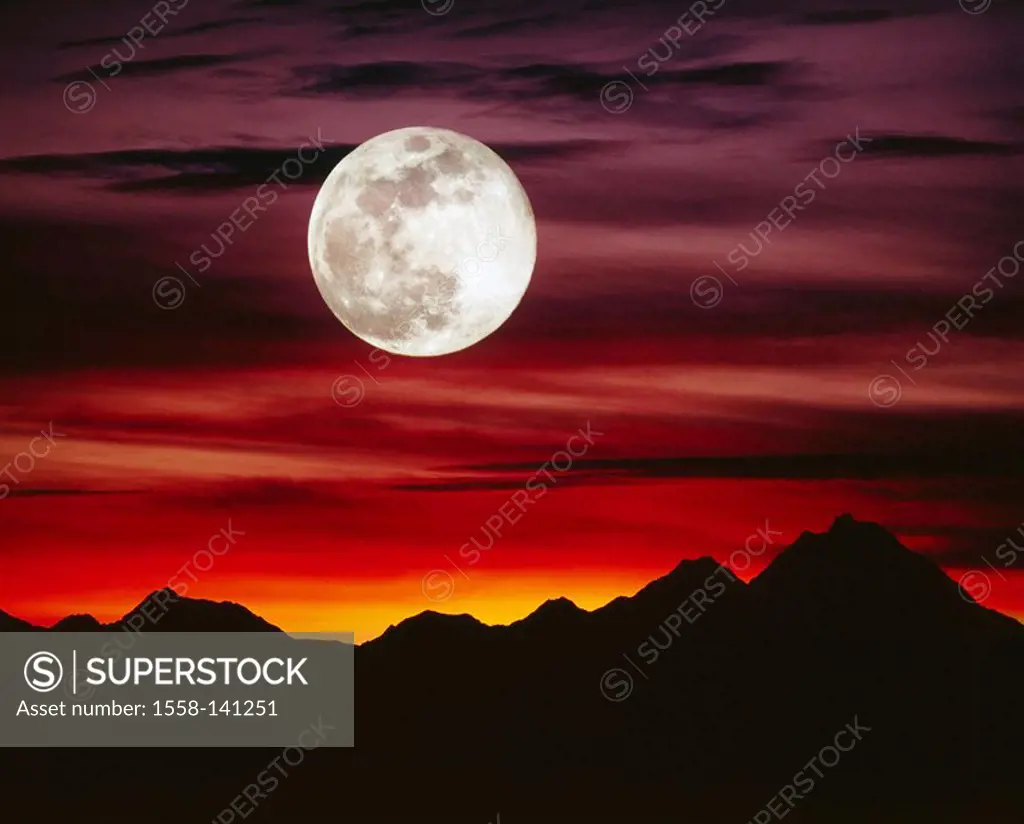 Silhouette, mountain-chain, full moon, evening-mood, M, mountain scenery, mountains, mountains, moon, moonlight, moonlight, full moon-night, silence, ...