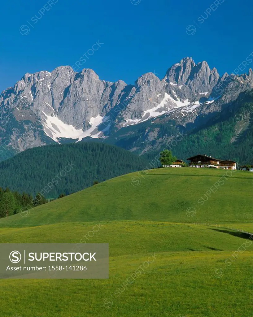Austria, Tyrol, Kaiser-mountains, Ellmauer hold, rise, farm, Alps, mountain scenery, mountains, mountain-meadow, meadow, residence, farmhouse, rural, ...