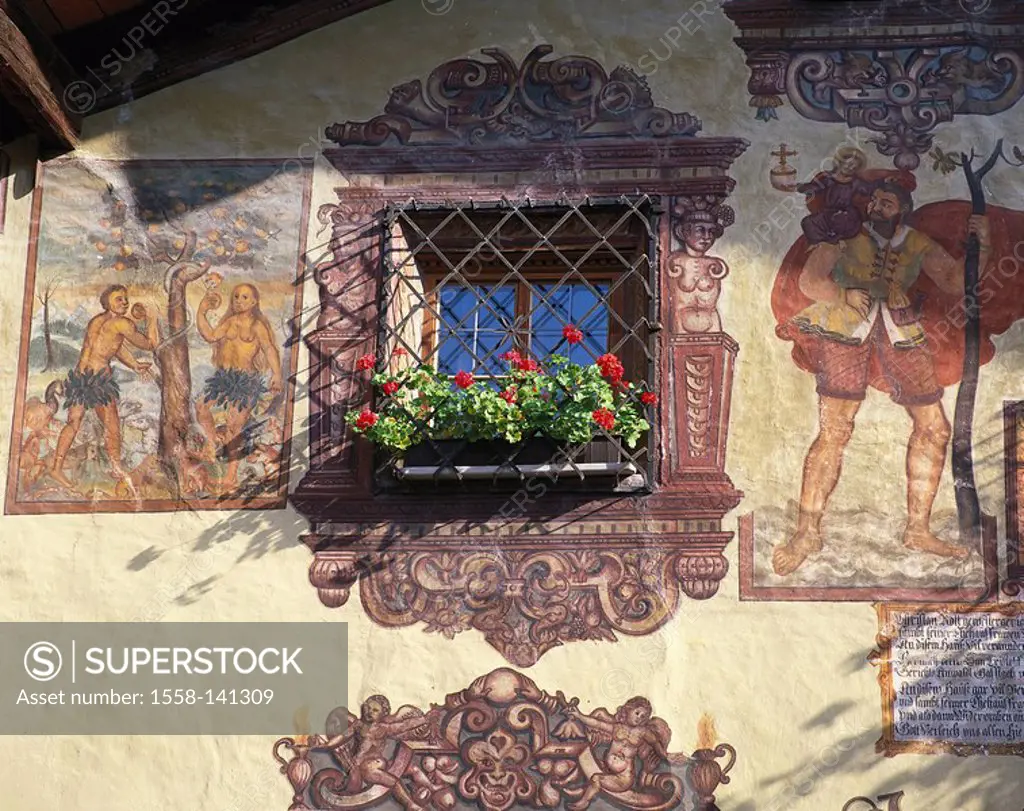 Austria, Tyrol, Oetz Valley, Ötz, inn Stern, house-facade, flower-jewelry, paints detail, North-Tyrol house residence facade facade-painting, murals, ...