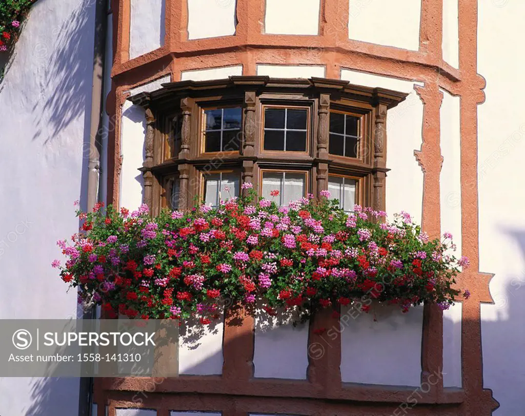 Austria, Tyrol, Oetz Valley, Ötz, house-facade, detail, bay windows, flower-jewelry, North-Tyrol, house, residence, facade, wood-windows, bay window-w...